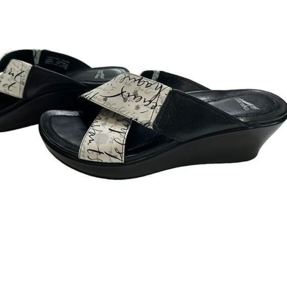 Dansko Women Script Print Wedge Sandals Black White Leather Cross Strap Slide 40 - Picture 6 of 9